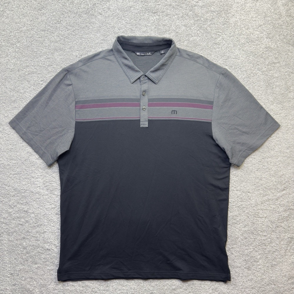 TravisMathew Golf Polo Men's XL Black Gray Purple Chest Stripe Pima Stretch